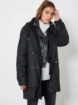 Mint Velvet Double Layer Waxed Parka - Black, Size XL, Women