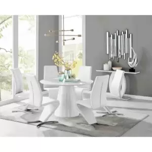 Furniture Box Palma White High Gloss Round Dining Table and 6 White Willow Chairs