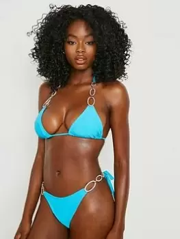 Boohoo Diamante Trim Triangle Bikini Top - Turquoise, Blue, Size 8, Women