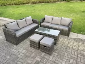 Fimous 6 Seater Outdoor Dark Grey PE Wicker Rattan Lounge Complete Sofa Set with Rectangular Coffee Table and 2 Stools