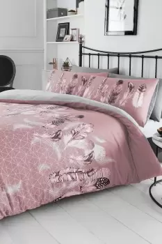 Feathers Reversible Duvet Set - Size: Double - Pink - Print