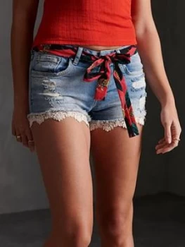 Superdry Lace Denim Hot Shorts - Light Blue, Size 24, Women