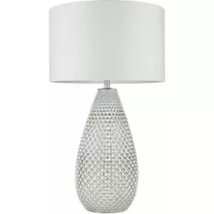 Modern Textured Table Lamp Chrome Glass Base & White Shade Bedside Feature Light