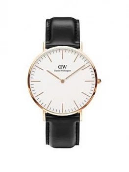 Daniel Wellington Sheffield White And Rose Gold Detail 40Mm Dial Black Leather Strap Watch