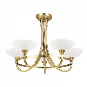 5 Light Semi Flush Multi Arm Ceiling Light Antique Brass, White Glass, G9