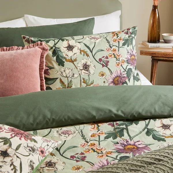 Wallflower Botanical Duvet Cover Set Celadon Green, Celadon Green / King