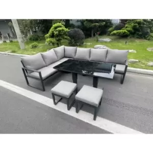 Fimous 6 Seater Outdoor Dark Grey Aluminum Corner Sofa Complete Dining Set with Adjustable Rising Lifting Table and 2 Stools