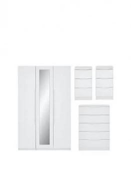 Monaco Part Assembled 4 Piece Gloss Package - 3 Door Mirrored Wardrobe, 5 Drawer Chest And 2 Bedside Chests