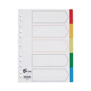 Elite A4 Divider 5 Part Polypropylene Punched Reinforced Coloured Tabs