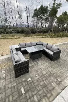 Fimous 9 Seater Outdoor Dark Grey Rattan Garden Dining Sofa Set with Adjustable Dining Table and 2 Side Coffee Tables