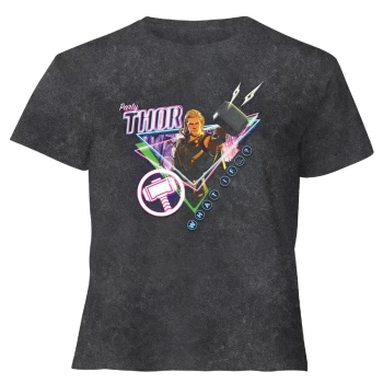 Marvel Party Thor Womens Cropped T-Shirt - Black Acid Wash - XL - Black Acid Wash