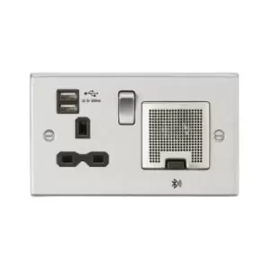 Knightsbridge 13A Socket, USB chargers (2.4A), & Bluetooth Speaker - Square Edge Brushed Chrome with Black insert