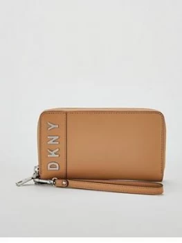 DKNY Bedford Wristlet Zipper Logo Pouch Purse - Brown, Latte, Women