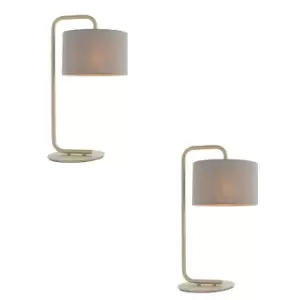 2 PACK Satin Champagne Table Lamp - 23cm Grey Fabric Cylinder Shade - Desk Light