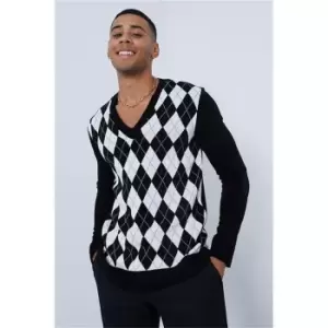 I Saw It First Black & White Argyle V Neck Knitted Jumper - Black