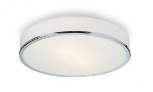 2 Light Round Flush Bathroom Ceiling Light Chrome, Opal Glass IP44, E14