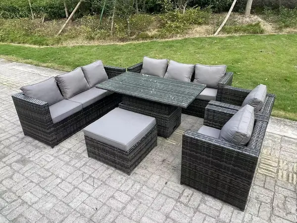 Fimous 8 Seater Outdoor Dark Grey Rattan Lounge Complete Sofa Set with Adjustable Dining Table and Big Footstool