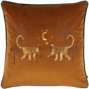 Wylder - Dusk Monkey Embroidered Velvet Piped Edge Cushion Cover, Rust, 50 x 50 Cm