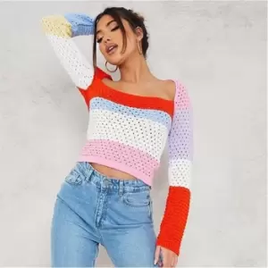 I Saw It First Striped Square Neck Crochet Knit Top - Multi