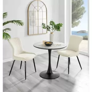 Furniture Box Elina White Marble Effect Round Dining Table and 2 Cream Nora Black Leg Chairs