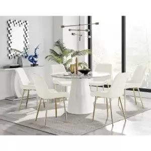 Furniturebox Palma White Marble Effect 120cm Round Minimalist Dining Table & 6 Cream Pesaro Gold Leg Velvet Chairs