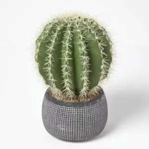 Homescapes - Golden Barrel Artificial Cactus in Textured Stone Grey Pot, 38cm Tall - Green