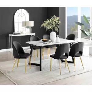 Furniture Box Carson White Marble Effect Dining Table and 6 Black Arlon Gold Leg Chairs