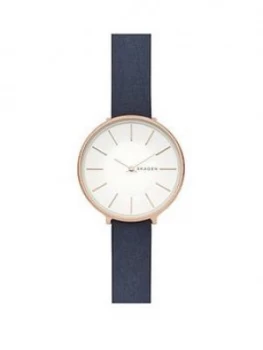 Skagen Karolina Rose Gold Tone Case With Blue Leather Strap Ladies Watch