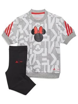 Adidas Younger Girls Minnie Mouse Tee & Legging Set, Grey/Red, Size 3-4 Years, Women