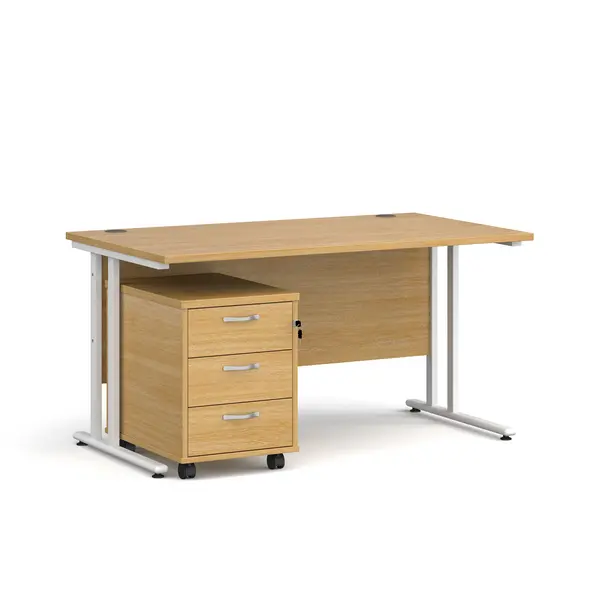 Maestro 25 Straight Desk White Frame Oak Table Top and 3 Drawer Pedestal - 1400mm