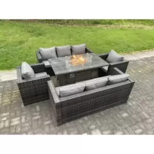 Fimous 8 Seater Outdoor Dark Grey Mixed Rattan Lounge Complete Sofa Set with Patio Gas Fire Pit Dining Table Gas Heater Burner 2 Armchairs