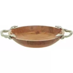 Interiors By Ph Round Serving Dish, Acacia Wood, Aluminium Leaf Handles