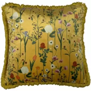 Furn - Fleura Botanical Print Fringed Velvet Cushion Cover, Ochre, 50 x 50 Cm