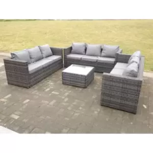 Fimous 9 Seater Outdoor Dark Grey Rattan Lounge Sofa Complete Set with Square Coffee Table