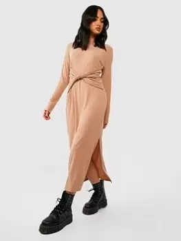 Boohoo Soft Rib Twist Oversized Jumper Dress - Beige, Stone, Size 8, Women