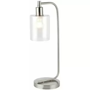 Modern Curved Arm Table Lamp Brushed Nickel & Clear Glass Shade Bedside Light