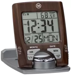 Marathon Clock Travel Alarm Calendar & Temperature Wood