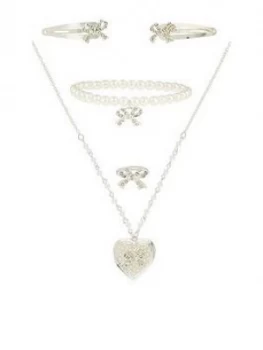 Monsoon Girls Diamante Bow Locket Jewellery Set - Silver