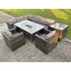 Fimous 8 Seater Outdoor Dark Grey Rattan Lounge Sofa Complete Set with Gas Fire Pit Dining Table, Gas Heater and Side Coffee Table