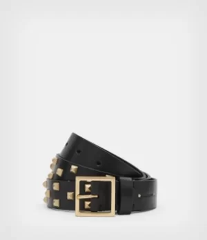 AllSaints Womens Sonia Studded Leather Belt, Black/warm Brass, Size: M