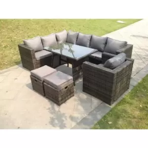 Fimous 7 Seater Outdoor Dark Grey Rattan Lounge Complete Sofa Set Left Side with Regular Dining Table and 2 Stools