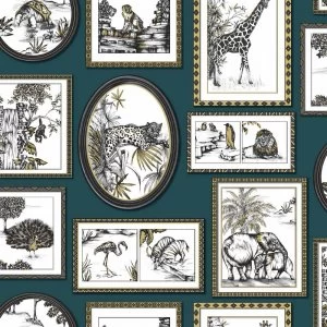 Holden Decor Safari Frames Animals Teal/Gold Wallpaper Paper