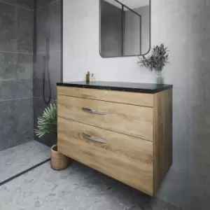 Nuie - Athena Wall Hung 2-Drawer Vanity Unit with Sparkling Black Worktop 800mm Wide - Natural Oak