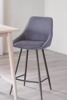 Pair Of Grey Velvet Padded Bar Stools With Black Metal Legs