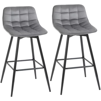 Homcom - Set of 2 Bar Stools Velvet-Touch Dining Chairs Kitchen Counter Chairs Fabric Upholstered seat with Metal Legs, Backrest, Grey