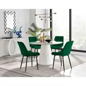 Furniture Box Palma White Marble Effect Round Dining Table and 4 Green Pesaro Black Leg Chairs