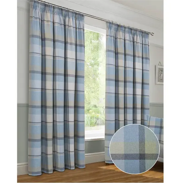 Home Curtains Braemar Check Faux Wool Pencil Pleat Curtains - Blue 45x54