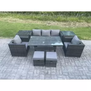 Fimous 5 Seater Outdoor Dark Grey Rattan Lounge Complete Sofa Set with 2 Side Tables, and 2 Stools