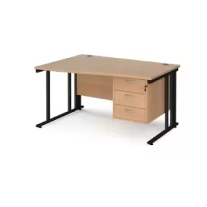 Office Desk Left Hand Wave Desk 1400mm With Pedestal Beech Top With Black Frame Maestro 25 MCM14WLP3KB