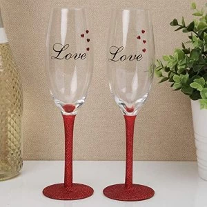 Set of 2 Champagne Flutes with Red Diamante Hearts - LOVE